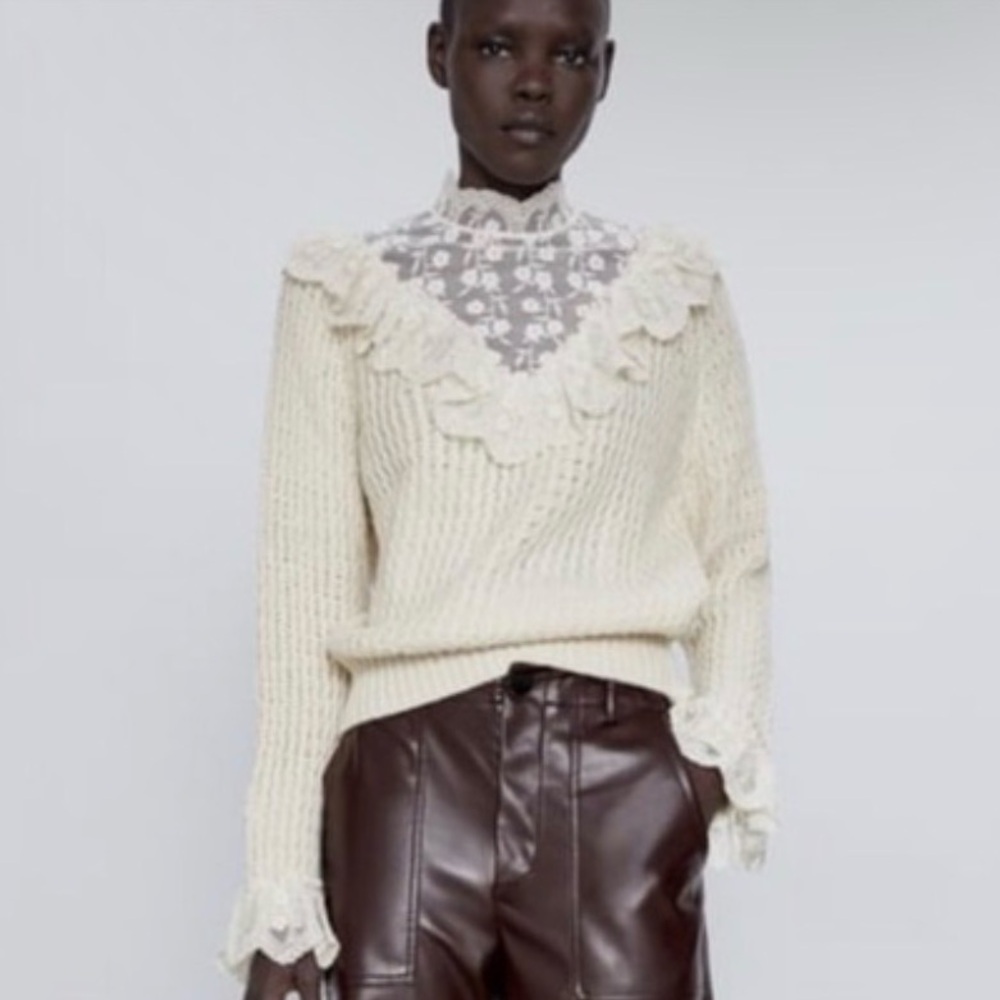 Zara Cream Cowl Neck Sweater with ruffles and lace accents